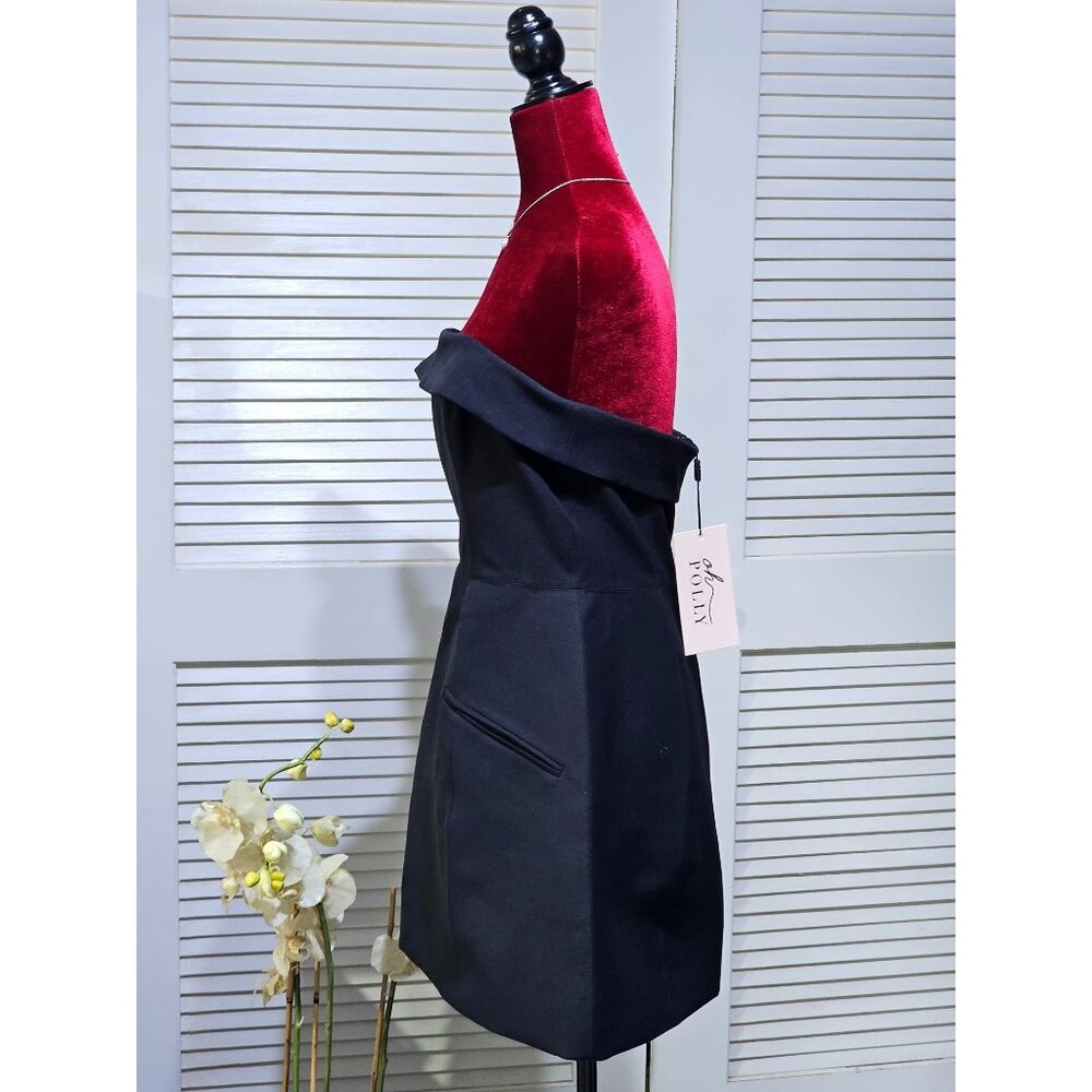 Oh Polly Women's Black Foldover-Neck Structured A-Line Mini Dress Sz 14 2578 - Picture 5 of 13